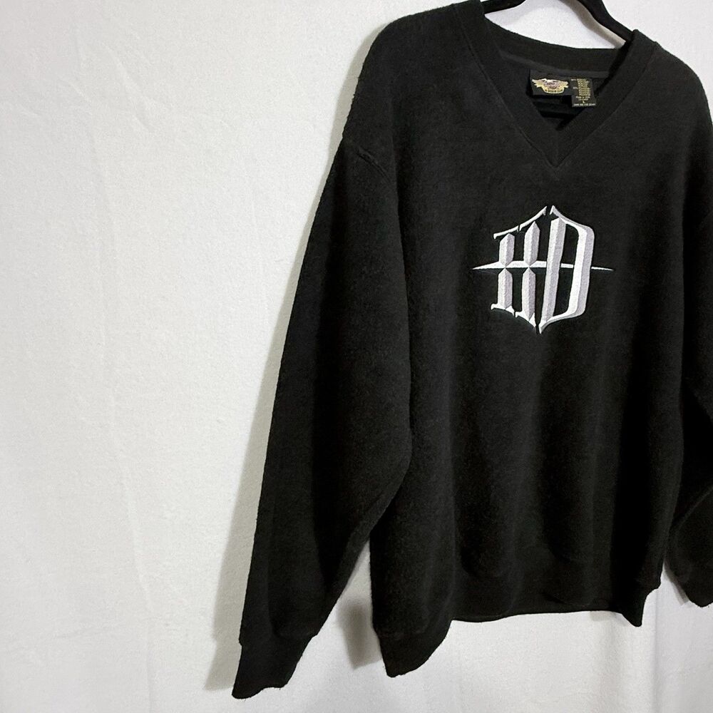Vintage Harley Davidson Black Deep Pile Fleece V-Neck Sweatshirt Men's L 90s Y2K - Picture 4 of 9